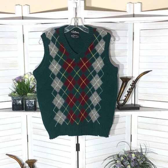 Vintage 90s 100% wool vest argyle green red knit made in England v neck Sz XL - Picture 1 of 8